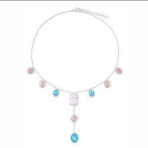 Dazzling Lab Sapphires and Topaz Drop Y-Style Necklace Rhodium Plated